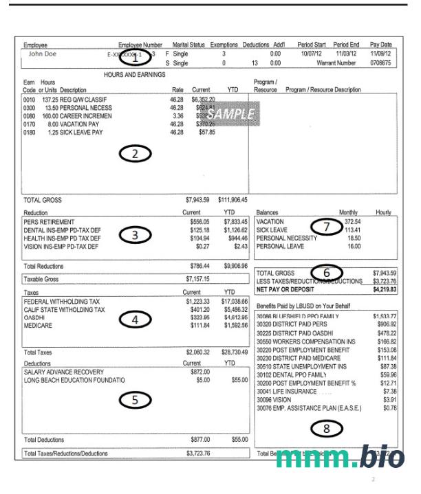Long Beach Unified School district employee pay stub Word and PDF template